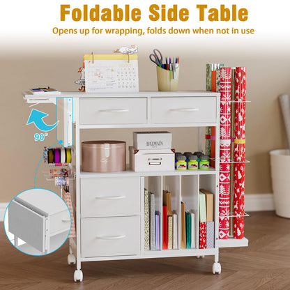 Wrapping Paper Storage Cart with Foldable Table, 3 Tier Gift Wrap Organizer with Drawers, Holds 8 Rolls, 8 Slap Bands, Rolling Craft Storage Station for Ribbons Gift Bags Supplies (White)