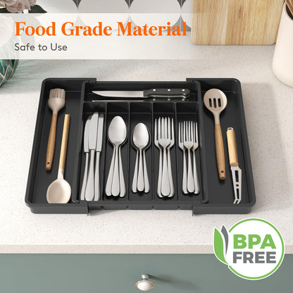 Lifewit Silverware Drawer Organizer, Expandable Utensil Tray for Kitchen, BPA Free Flatware and Cutlery Holder, Adjustable Plastic Storage for Spoons Forks Knives, 8.5"-14.1" x 12.1", Black