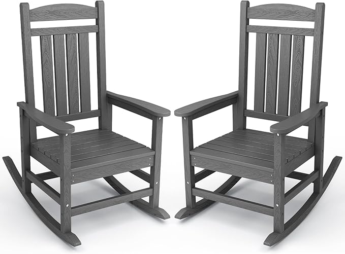 KINGYES HDPE Patio Rocking Chair Set of 2, Outdoor Rocking Chairs Porch Rocker for Adults, Grey
