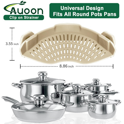 AUOON Clip On Strainer Silicone for All Pots and Pans, Pasta Strainer Clip on Food Strainer for Meat Vegetables Fruit Silicone Kitchen Colander