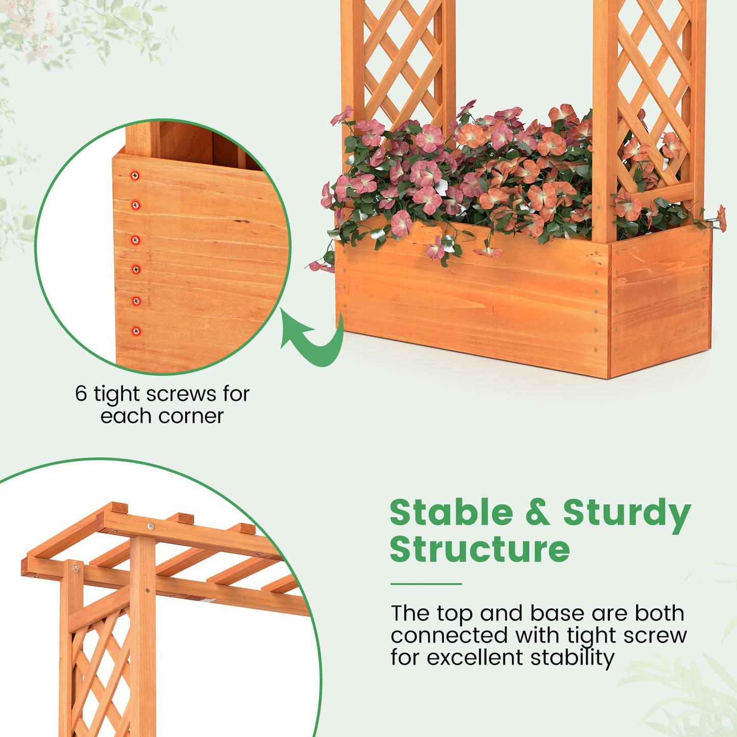 Giantex Set of 2 Raised Garden Bed with 2-Sided Trellis & Hanging Roof, Fir Wood Planter Box w/Drainage Holes, Bottom Gaps, Freestanding Garden Planter for Flowers Herbs Climbing Vines (31"x12.5"x60")