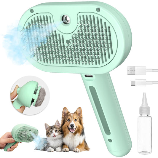 Pecait Steam Cat Brush for Shedding, 3 In 1 Steam Pet Brush Self Cleaning, Dog Brush for Long and Short Hair Dogs and Cats, Pet Grooming Comb Remove Tangled Loose Hair, Type-C Fast Charging (Green)