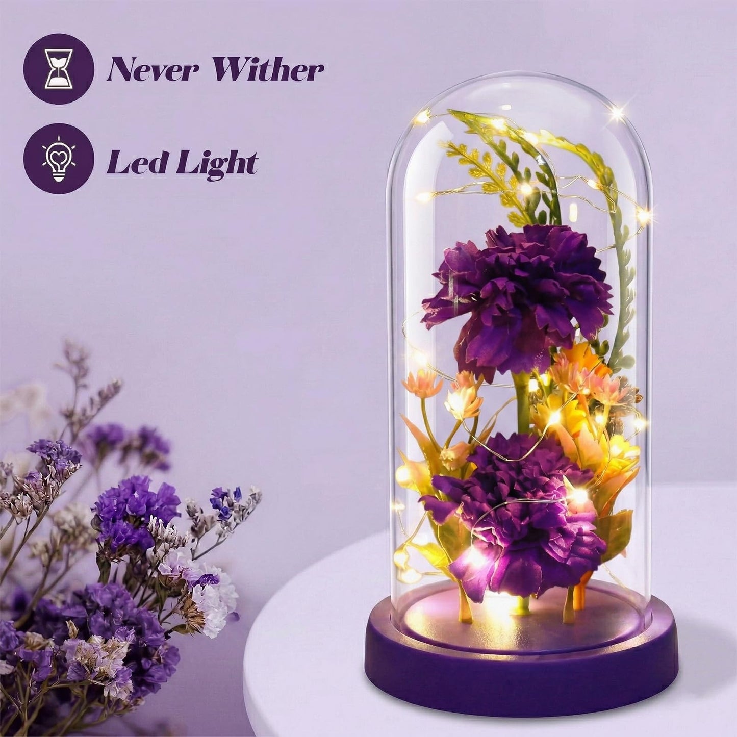 Strackvial Galaxy Glass Carnation Forever Preserved Flower with Light, Valentines Day Birthday Gift for Women, Mom, Wife, Girlfriend, Light Up Carnation in Glass Dome for Mothers Day