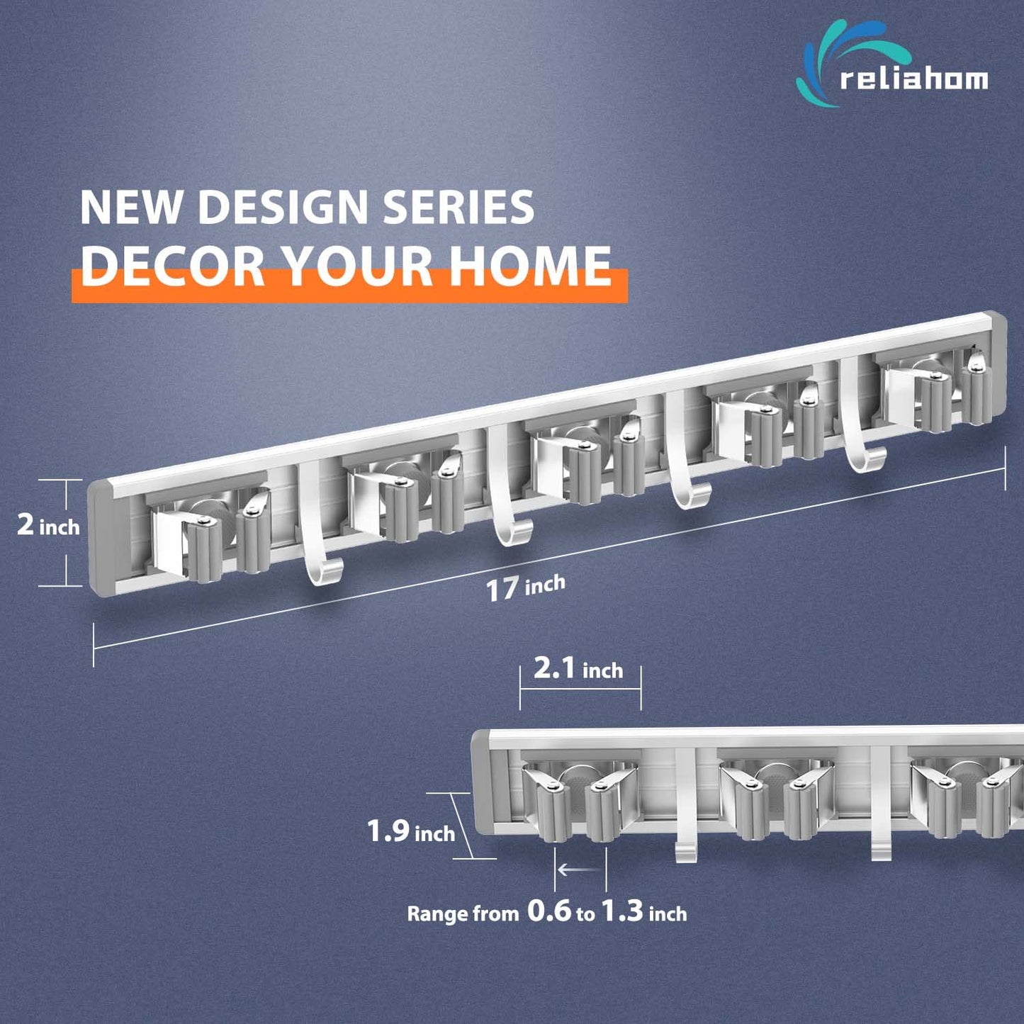 reliahom Broom Holder Wall Mount Mop and Broom Hanger Wall Mounted Garage Storage Rack Kitchen Garden Tool Organizer (4 Racks with 5 Hooks, Silver)