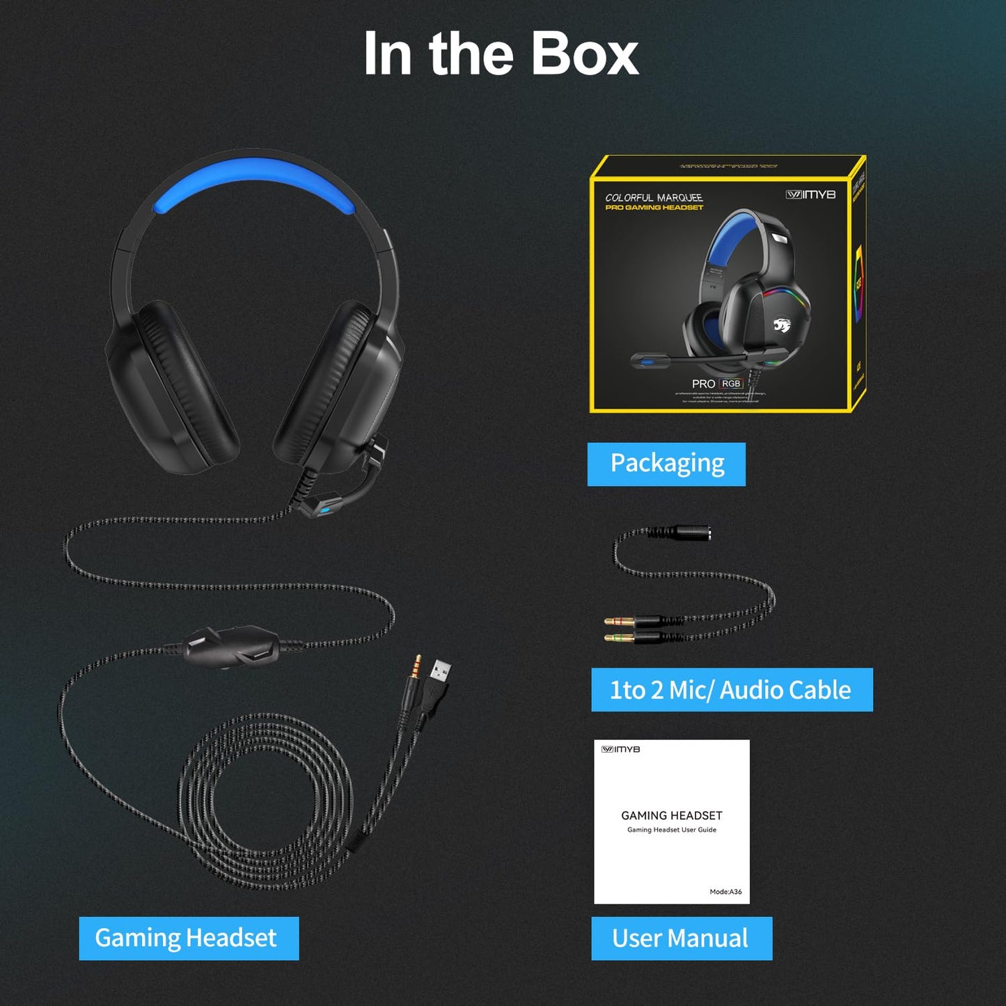 IMYB A36 Gaming Headset with Microphone for Pc, Xbox One Series X/s, Ps4, Ps5, Switch, Stereo Wired Noise Cancelling Over-Ear Headphones with Mic for Computer, Laptop, Mac, Nintendo, Gamer (Blue)