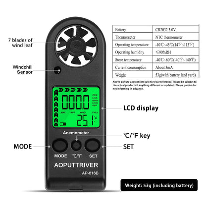 AOPUTTRIVER Anemometer Handheld Wind Speed Meter, AP-816B Anemometer for Measuring Wind Speed, Temperature and Max/Average, Mini Anemoeters for Windsurfing Sailing Outdoor Activities
