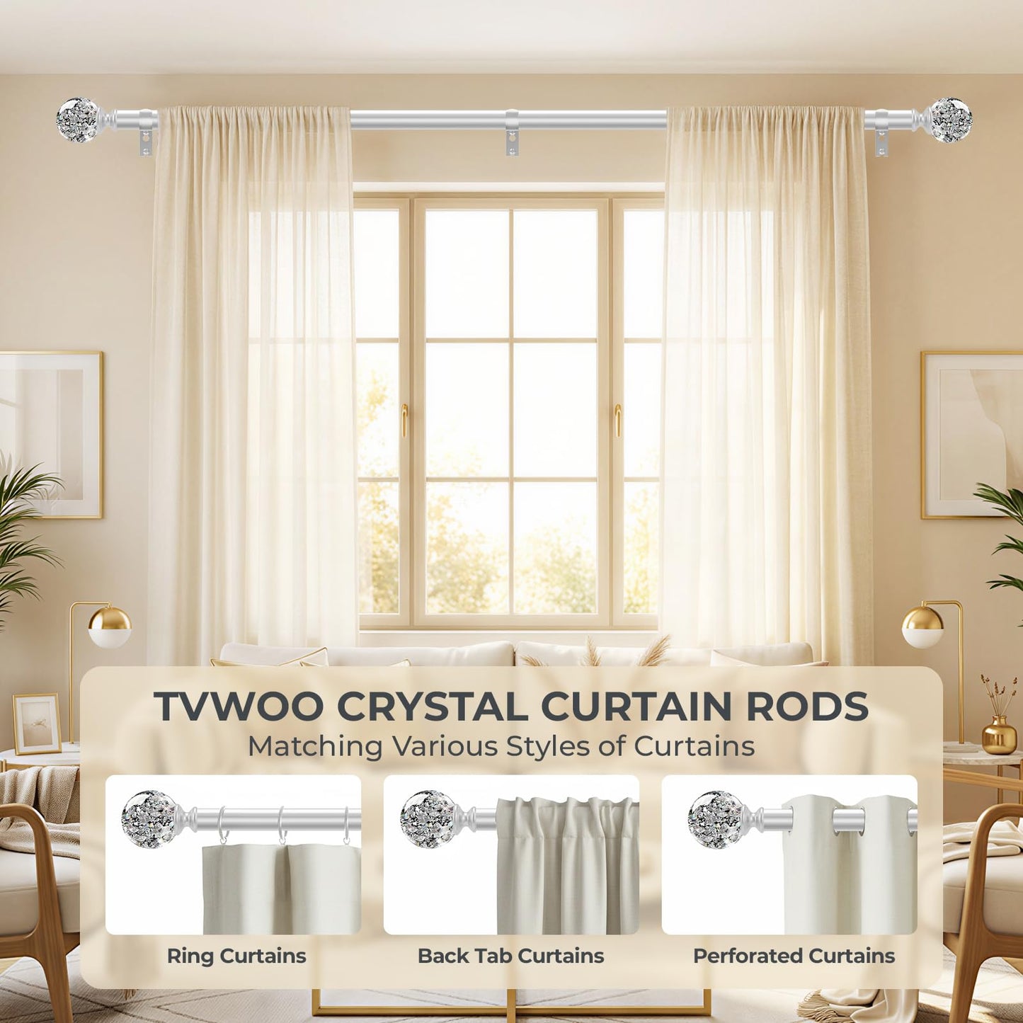 TVWOO Silver Decorative Crystal Curtain Rods:36-88 Inch Heavy Duty Adjustable Window Curtains Rods for Bedroom Living Room,Nickel Modern Girly Acrylic Drapery Rods Set with Sheer Bling Foil Finials