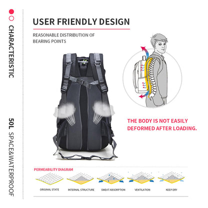 Bseash 50L Hiking Backpack, Water Resistant Lightweight Outdoor Sport Daypack Travel Bag for Camping Climbing Touring (Army Green - With Shoe Compartment)