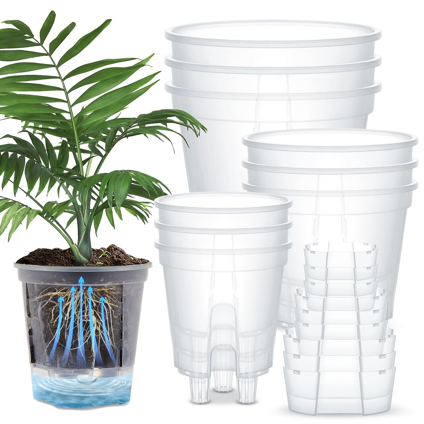 Wonderjune Self Watering Pots for Indoor Plants with Deep Reservoir and High Drainage Holes for Outdoor Plants and Flowers, Bare Root Planter(4.72'', 5.91'', 7.09'',Clear,9 Pcs)