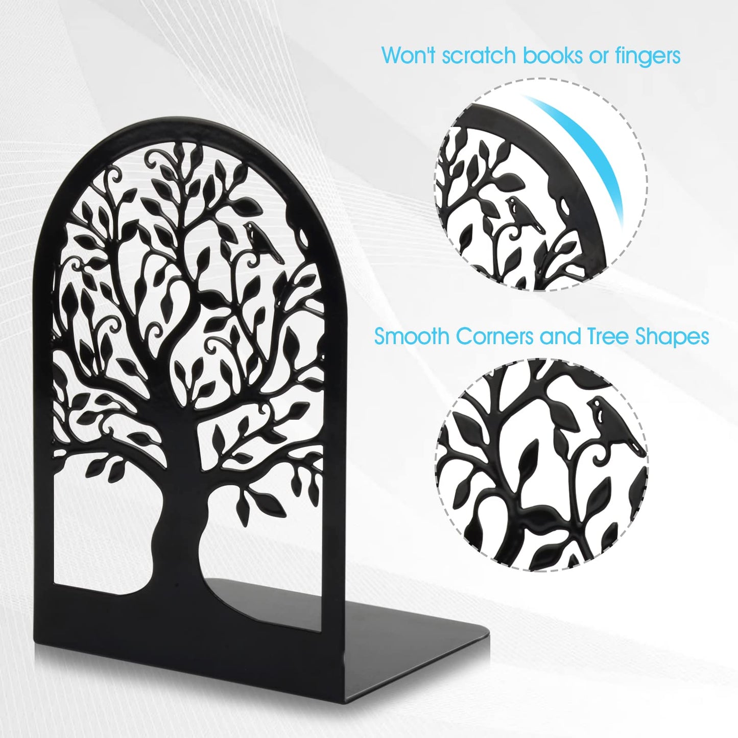 HappyHapi Book Ends, Metal Bookends for Shelves Decorative, Tree Stopper for Heavy Books, Black Ends to Hold Books for Home Office, 6.5 X 4.7 X 3.5 Inch(3 Pairs/6 Pcs, Large)