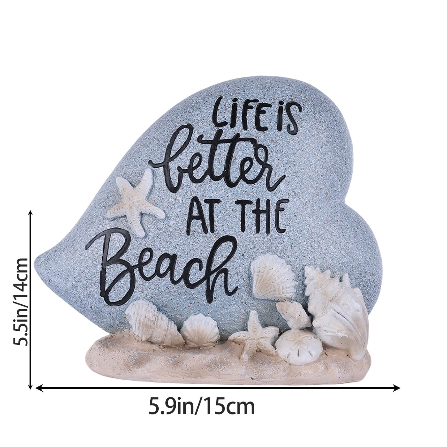 DOVDOV Resin Beach Decor Statue with Seashell and Starfish Accents, Coastal Heart Tabletop Sculpture with Life is Better at the Beach Message for Shelf Mantel Desk Home Display (Blue)
