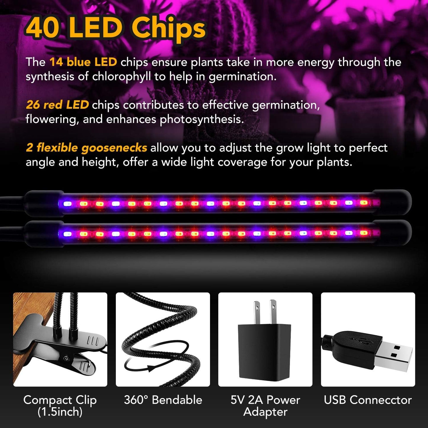 iPower LED Grow Lights for Indoor Plants, Full Spectrum Plant Growing Lamp with Red Blue LEDs, 11-Level Dimmable, Auto On Off with 3/9/12H Timer, 2 Tubes