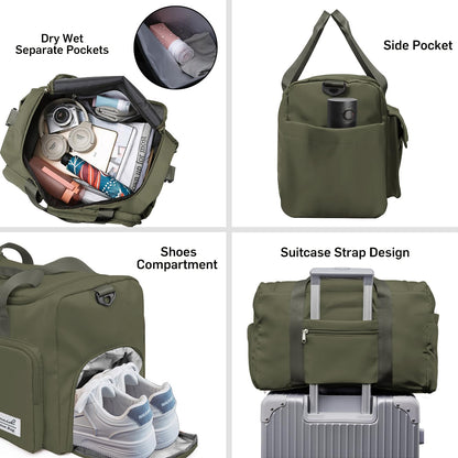 Suruid Travel Duffel Bag with Shoes Compartment Sports Gym Bag with Dry Wet Separated Pocket for Men and Women, Overnight Bag Weekender Bag Training Handbag Yoga Bag - Olive Green