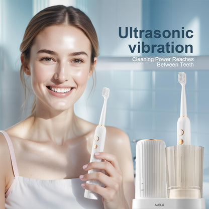 Electric Toothbrush Set with Drying & Sanitizing Holder, 8 Replacement Brush Heads, Transparent Rinse Cup, Smart Timer, USB Rechargeable for Adults