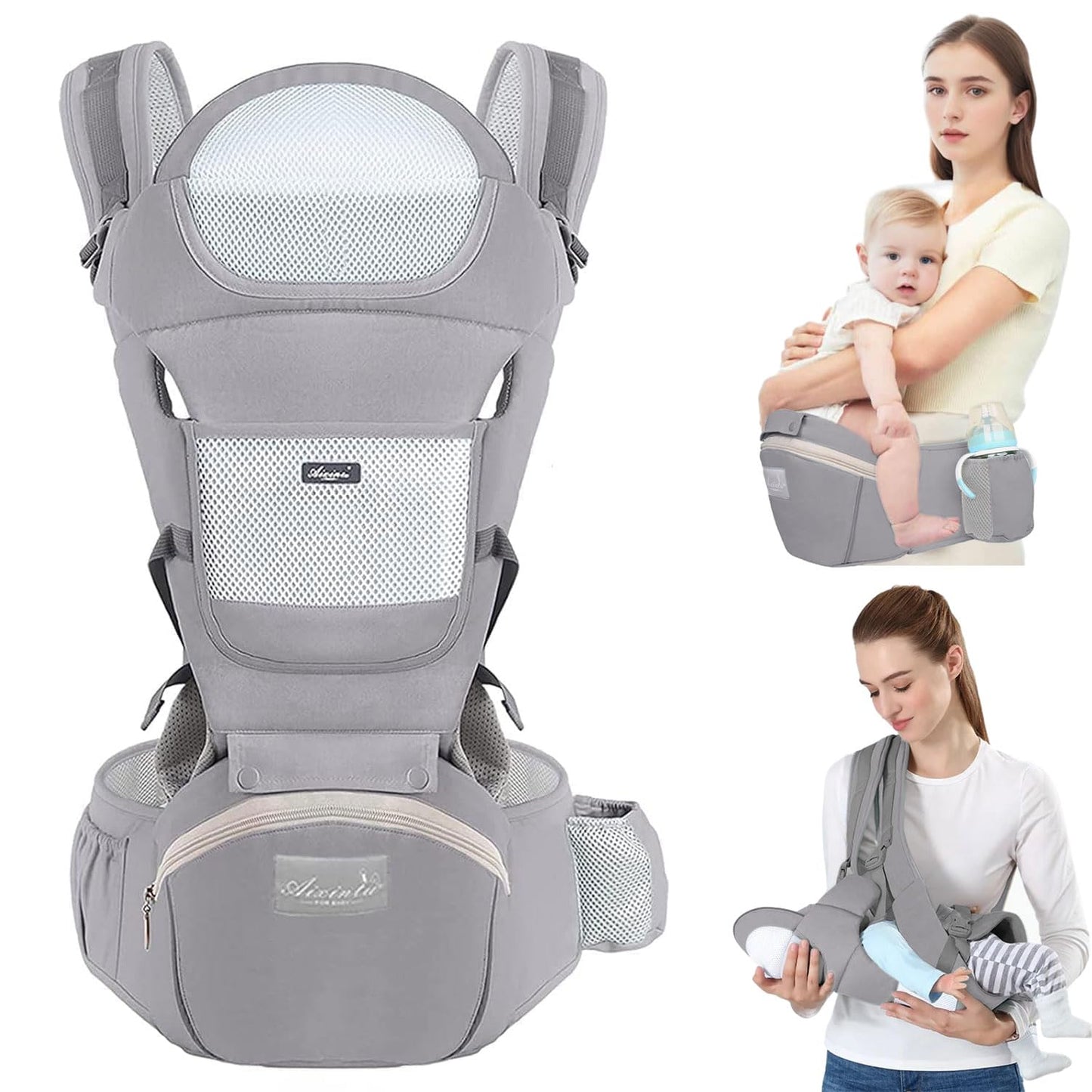 TOFFCAE Baby Carrier - Multifunction, Ergonomic, 6-in-1 Carrying Ways, Adjustable with Hip Seat, Newborn to Toddler (0-36 Months, 3-30 kg), Grey