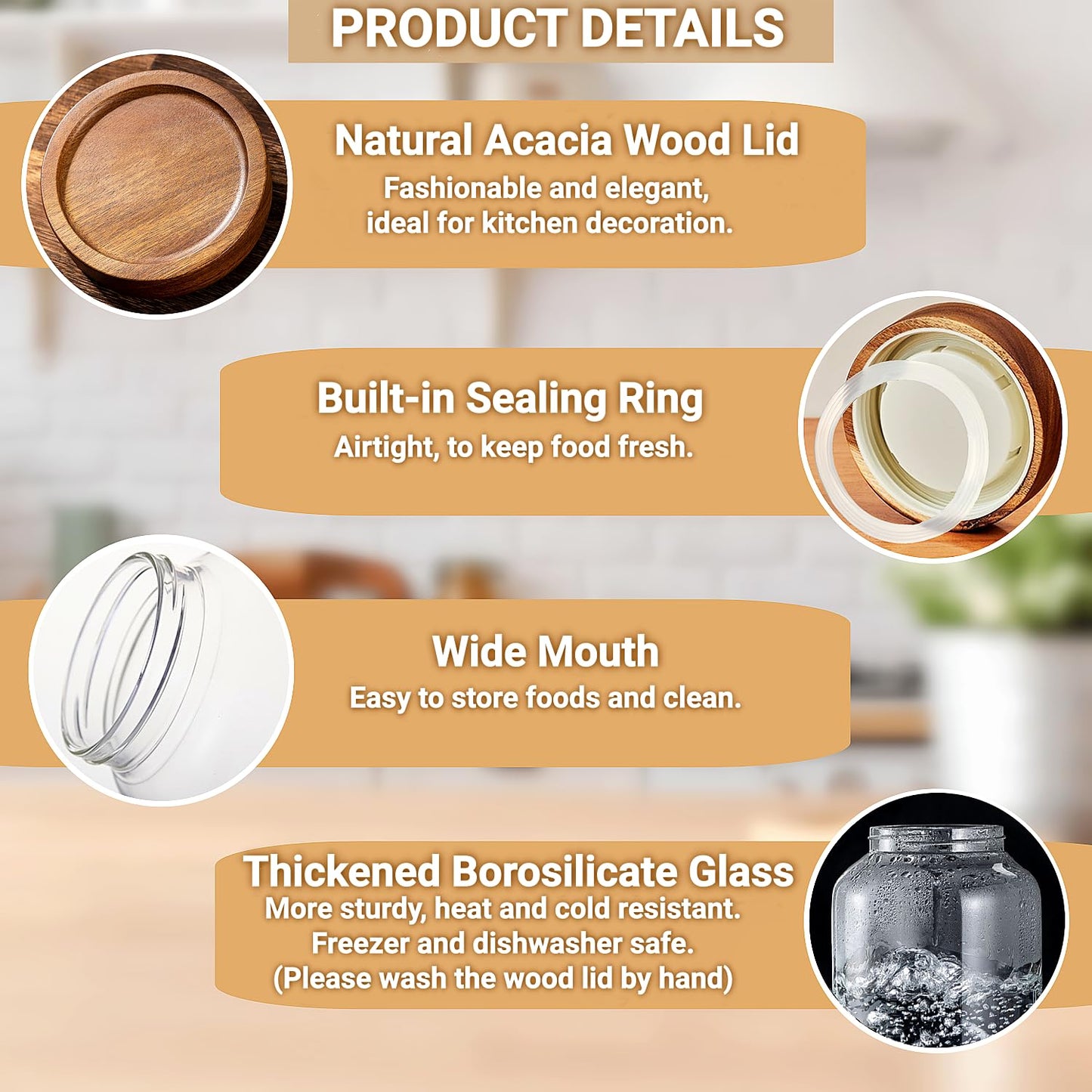 50 Fl oz/1500 ml Clear Glass Jar with Airtight Wooden Screw on Lid, Glass Pantry Canister for 500g Coffee Beans, Kitchen Food Storage Containers for Rice,Flour,Pasta,Sugar,Honey,Tea, Spice,Cereal