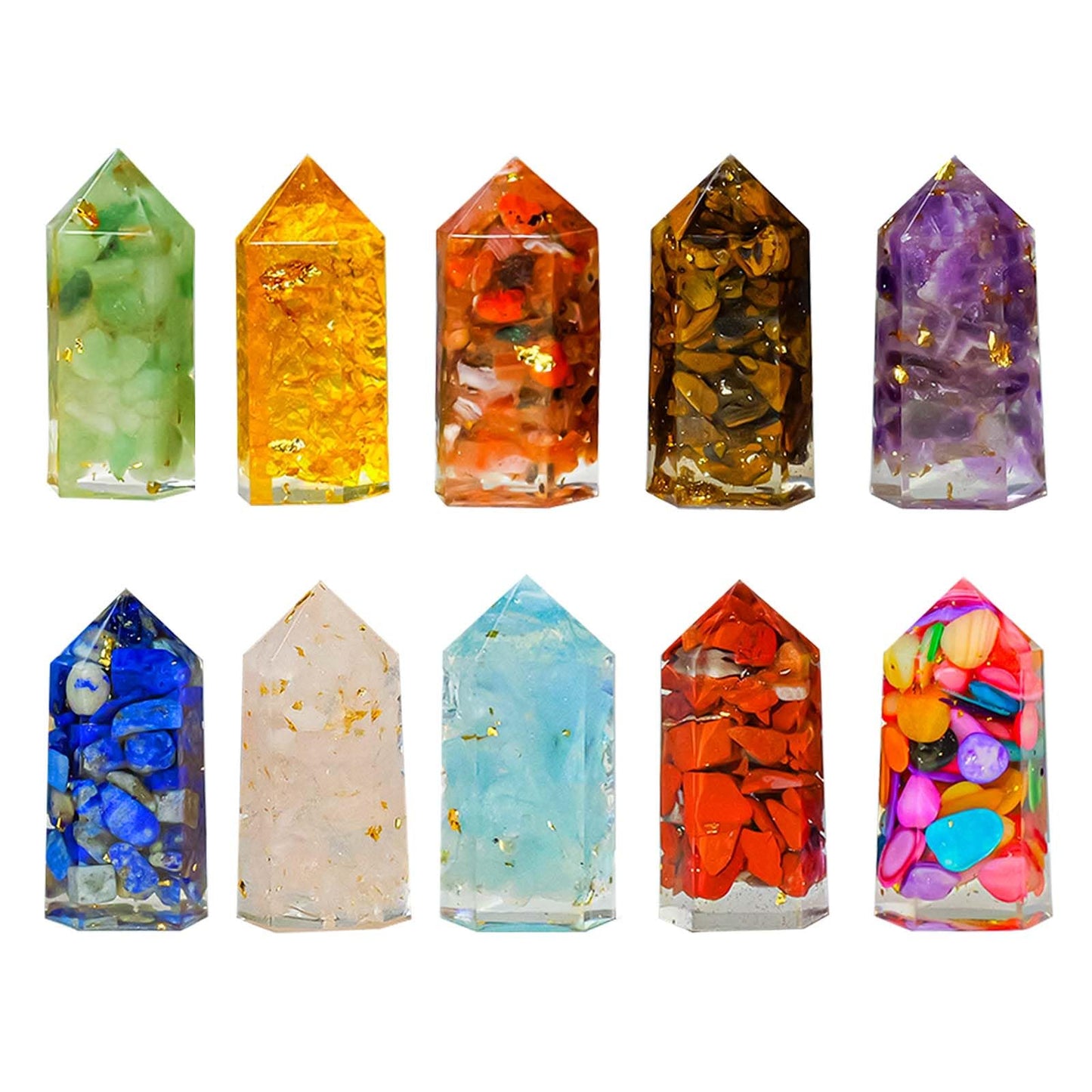 Runyangshi 10pcs Chakra Crystals Tower Set Handmade with Natural Crystal Gravel & Resin 6-Faceted Single Point Crystal Wand for Meditation Home Decor Gift (Chakra Set 10pcs C, 1.57"-1.96" (4-5cm))