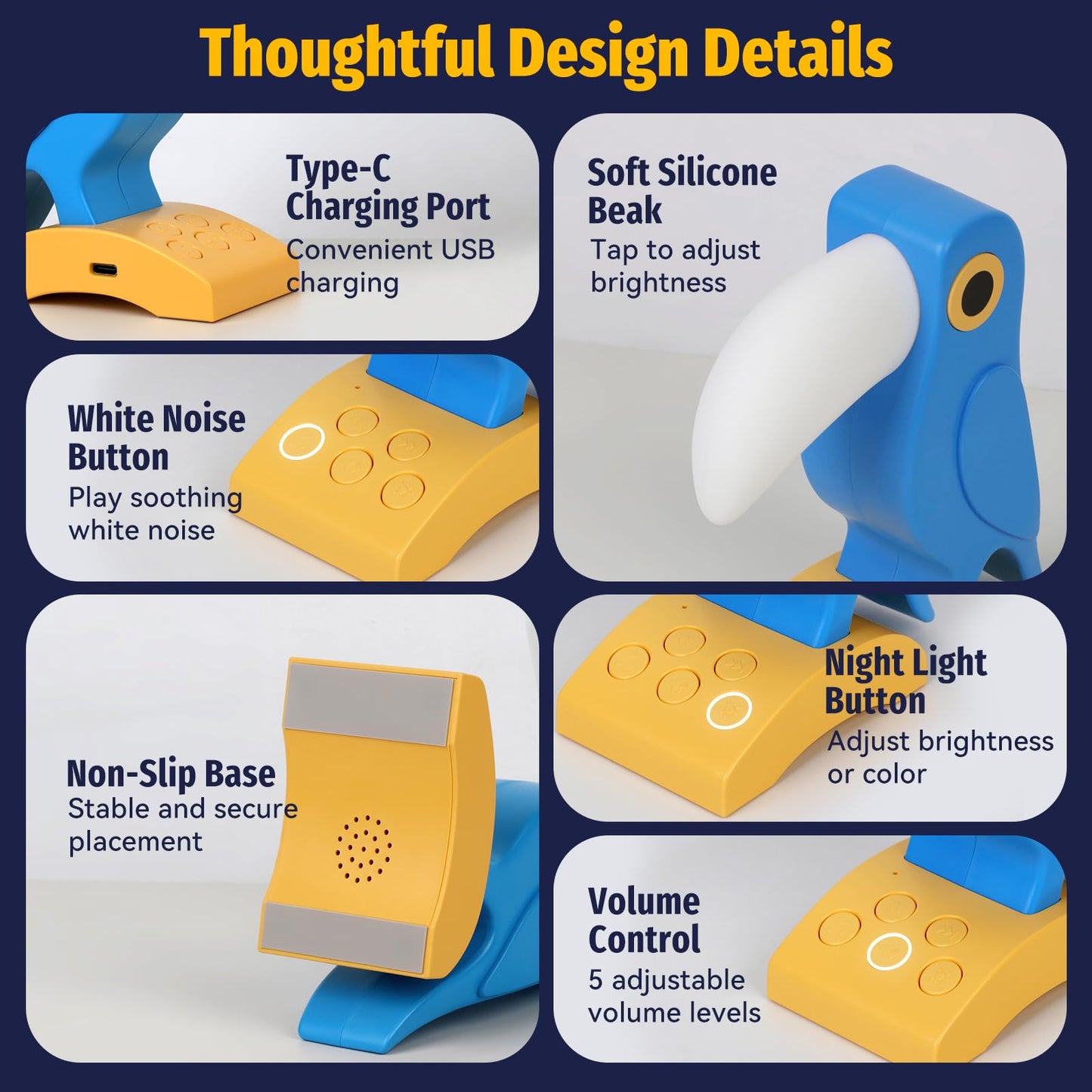 Aokpsrt Rechargeable Toucan Night Light with White Noise, Bird Table Lamp with RGB Mood Lighting, 3-Level Dimmable Warm Light, USB Bedside Lamp for Bedroom, Desk, Shelf, Blue