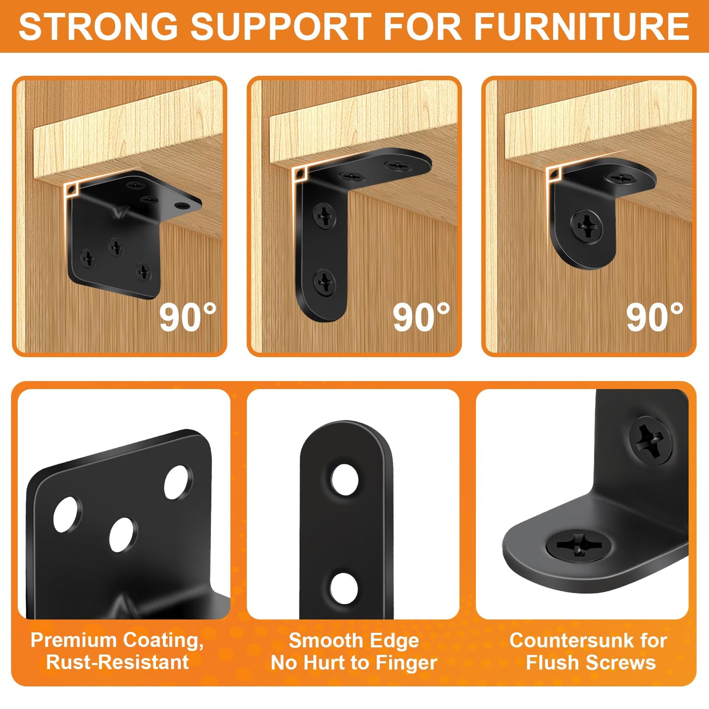 26 Pack L Bracket Corner Brace Kit, 3 Sizes Stainless Steel L Brackets for Wood Shelves, 90 Degree Right Angle Bracket, Black Metal Corner Brackets for Furniture Cabinet Drawer Chair (with 88 Screws)