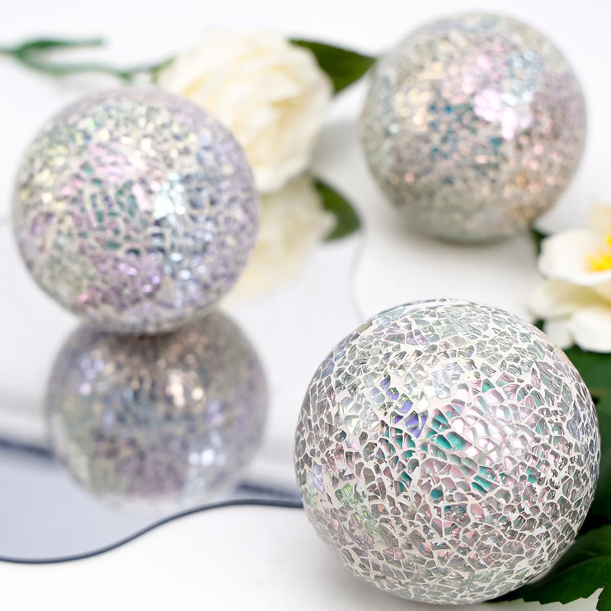 Vhxmaizxn Decoration Mosaic Glass Ball 3.35 Inch Orbs Centerpiece Crack Sphere Balls 3pcs Silver Solid Crackl Mirror Globe Christmas Thanksgiving Table Modern Ornament