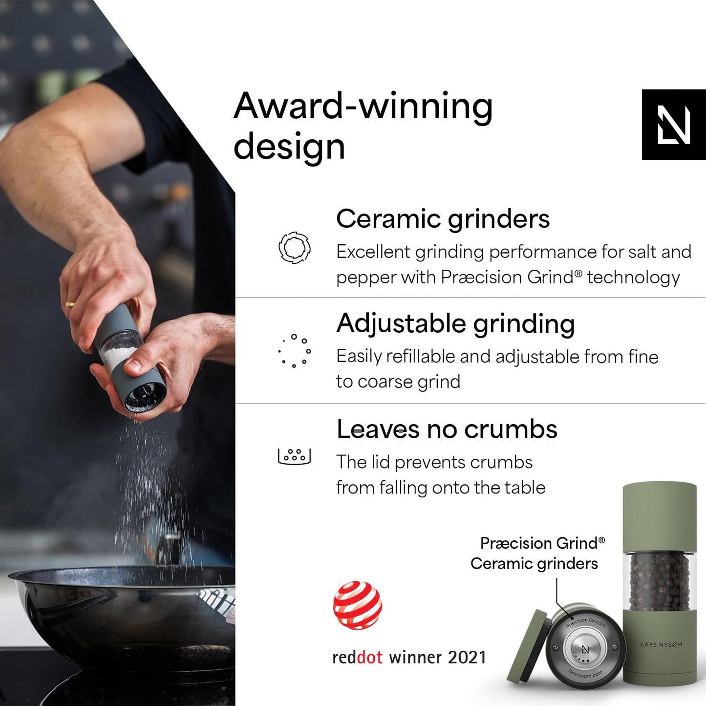 LARS NYSØM Salt and Pepper Grinder Set, Manual Salt and Pepper Mills with Adjustable Ceramic Grinder, Design Spice Shaker Set (Sage Green)