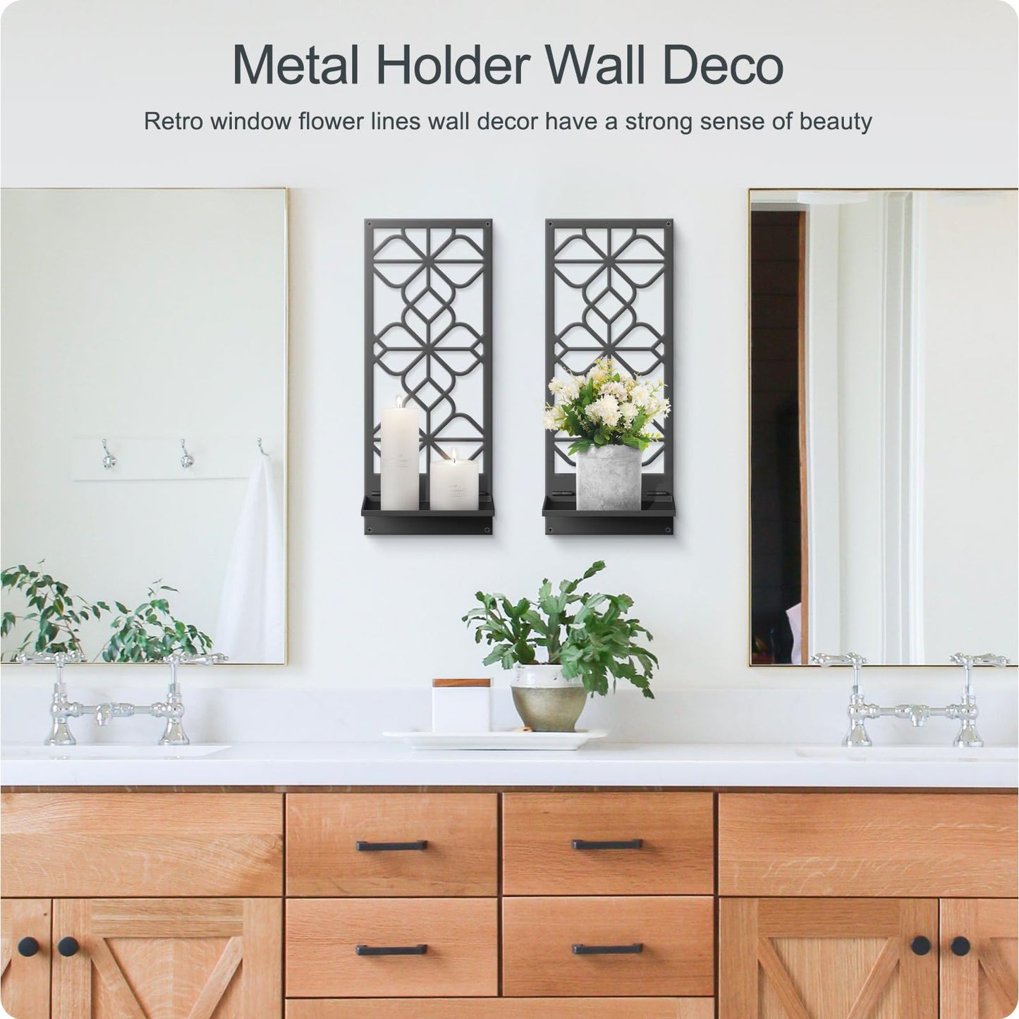 Black Metal Wall Art Decor, Minimalist Retro Line Wall Candle Holder Set of 2, for Living Room, Dining Room, Bedroom, Bathroom (16.5 x 7 in)