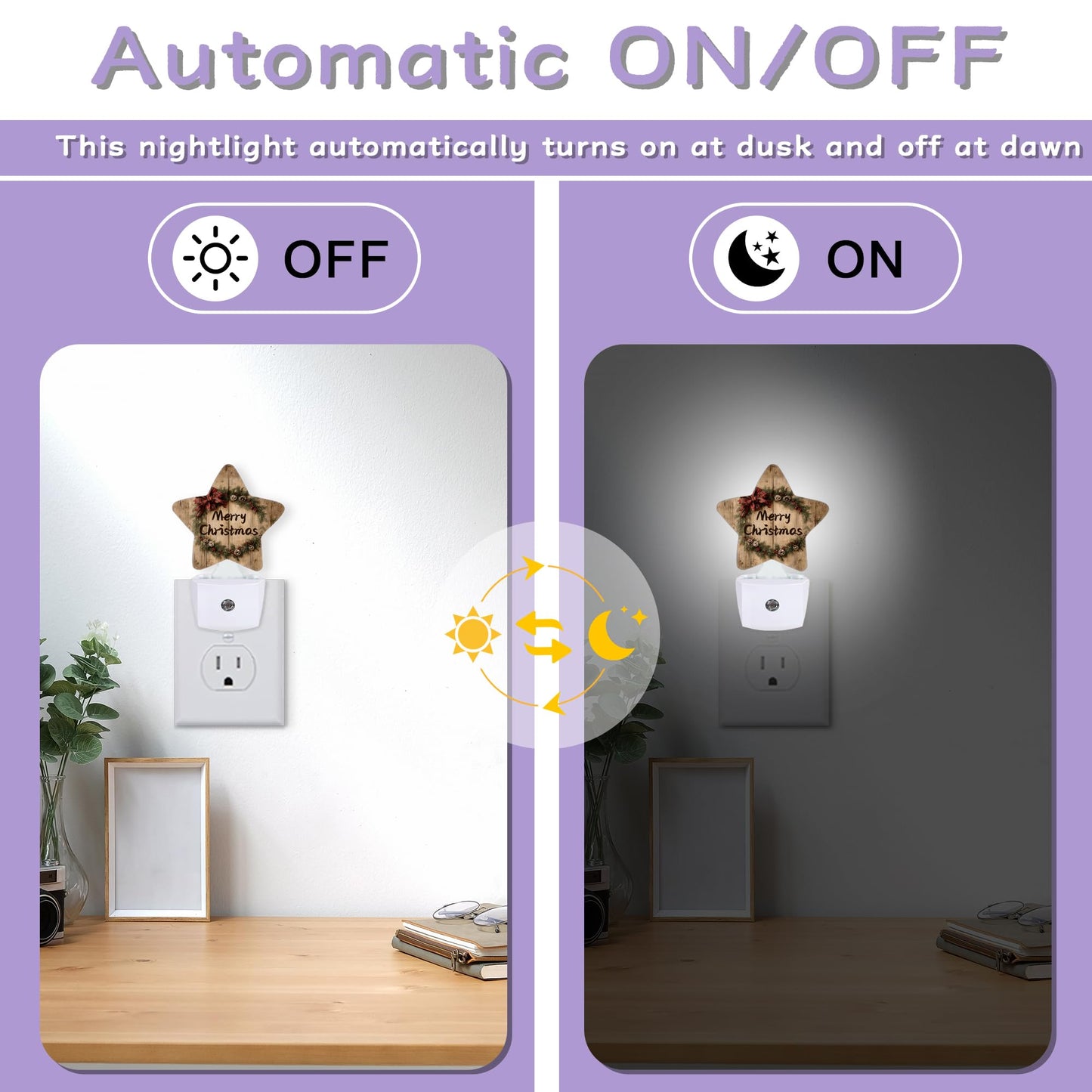 Merry Christmas Nightlights Plug in Wall,Rustic Wooden Decorative Star Lamp with Automatic Lighting for Living Space,Gentle Glow for Kids Room,Hallway,Bathroom