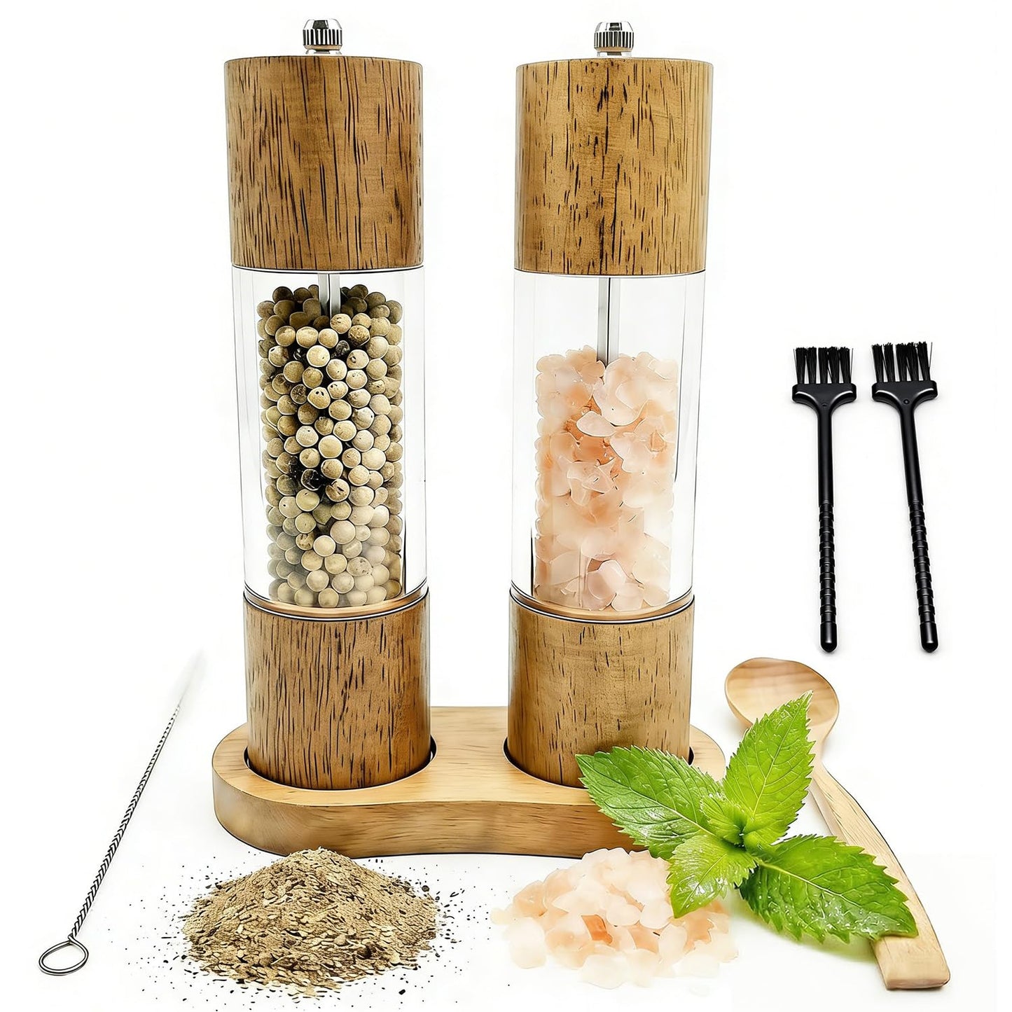 Forusom Acacia Wood & Acrylic Salt and Pepper Grinder Set, 8 Inch Adjustable Ceramic Core Mills, 2Pcs Premium Manual Spice Grinders for Gourmet Kitchens, Pepper Mill Set
