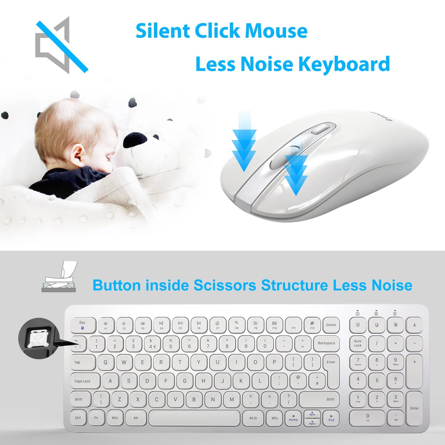 LeadsaiL Wireless Keyboard and Mouse Set, Wireless USB Mouse and Compact Computer Keyboards Combo, QWERTY UK Layout for HP/Lenovo Laptop and Mac-Silver