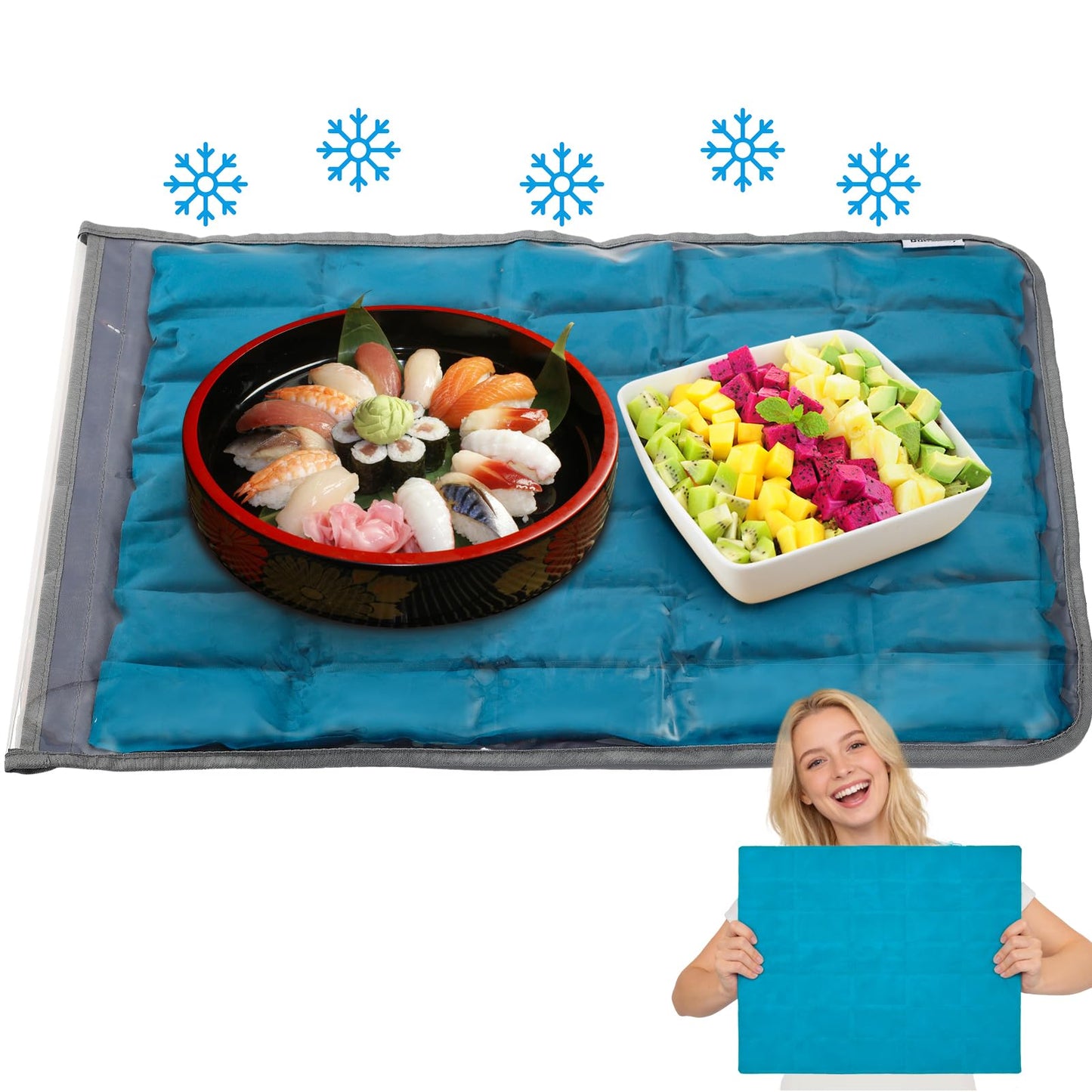 Babeezy Party Mat Chiller Foldable Reusable Cooling Mat with Sleeve, Extra-Large 45×35 cm(Soak-to-Activate) 35 Large Cells Tray Chiller for Charcuterie, Cheese, Shrimp, Sushi, Salads & Dips