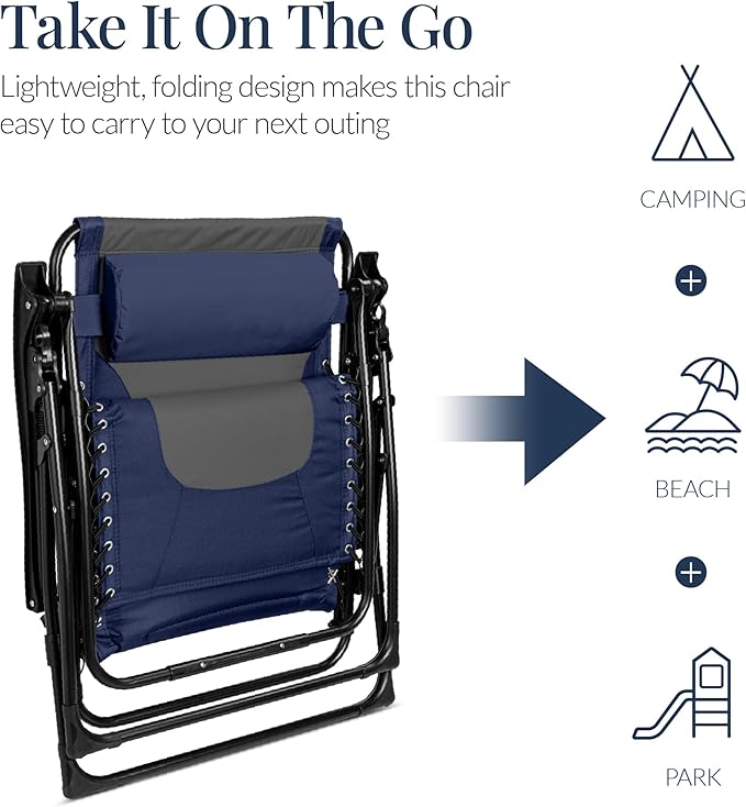 Best Choice Products Oversized Padded Zero Gravity Chair, Folding Outdoor Patio Recliner, XL Anti Gravity Lounger for Backyard w/Headrest, Cup Holder, Side Tray, Polyester Mesh - Navy/Gray