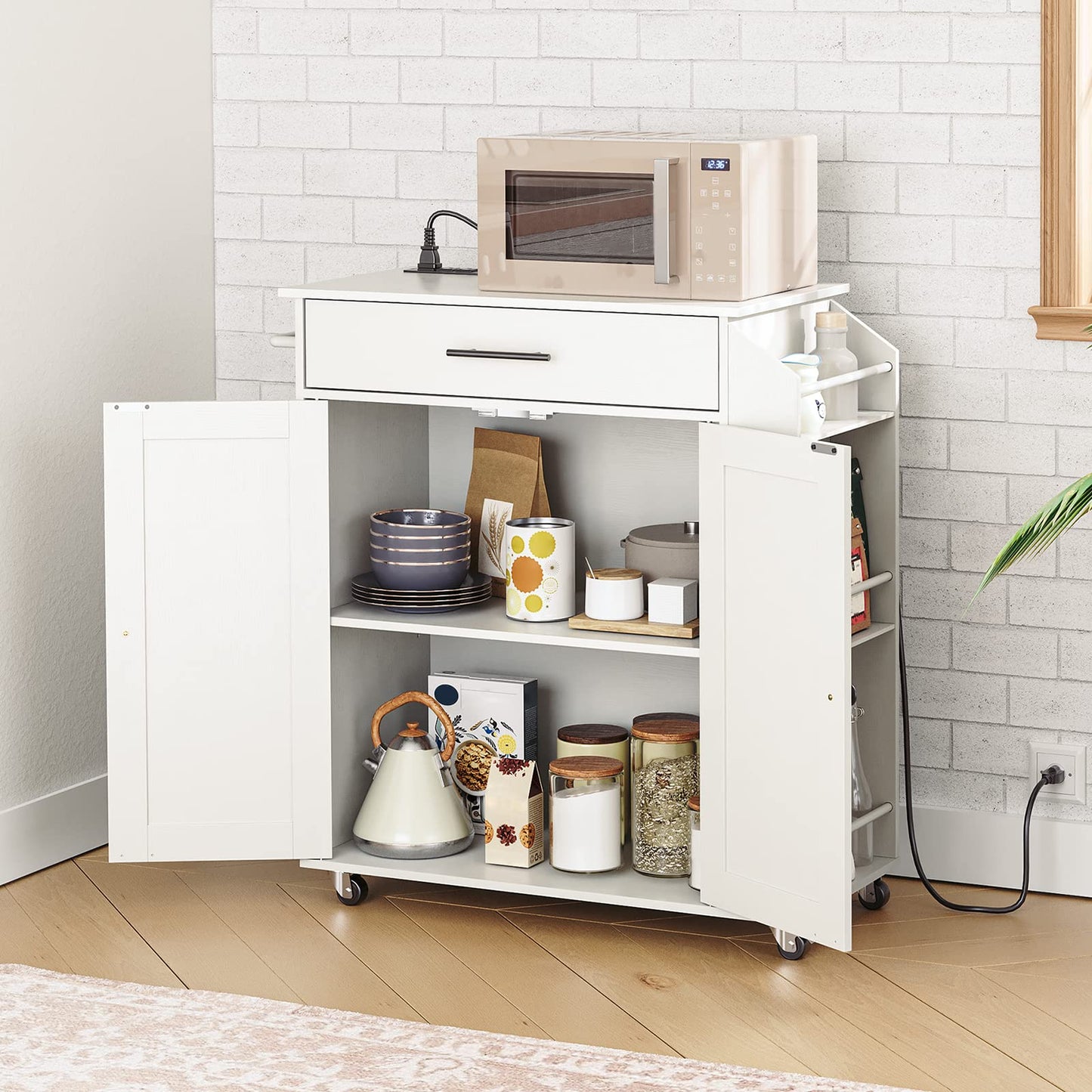 HOOBRO Kitchen Island with Power Outlet, Kitchen Storage Island with Spice Rack and Drawer, Rolling Kitchen Cart on Wheels, for Home, Kitchen and Dining Room, White WT82UZD01G1