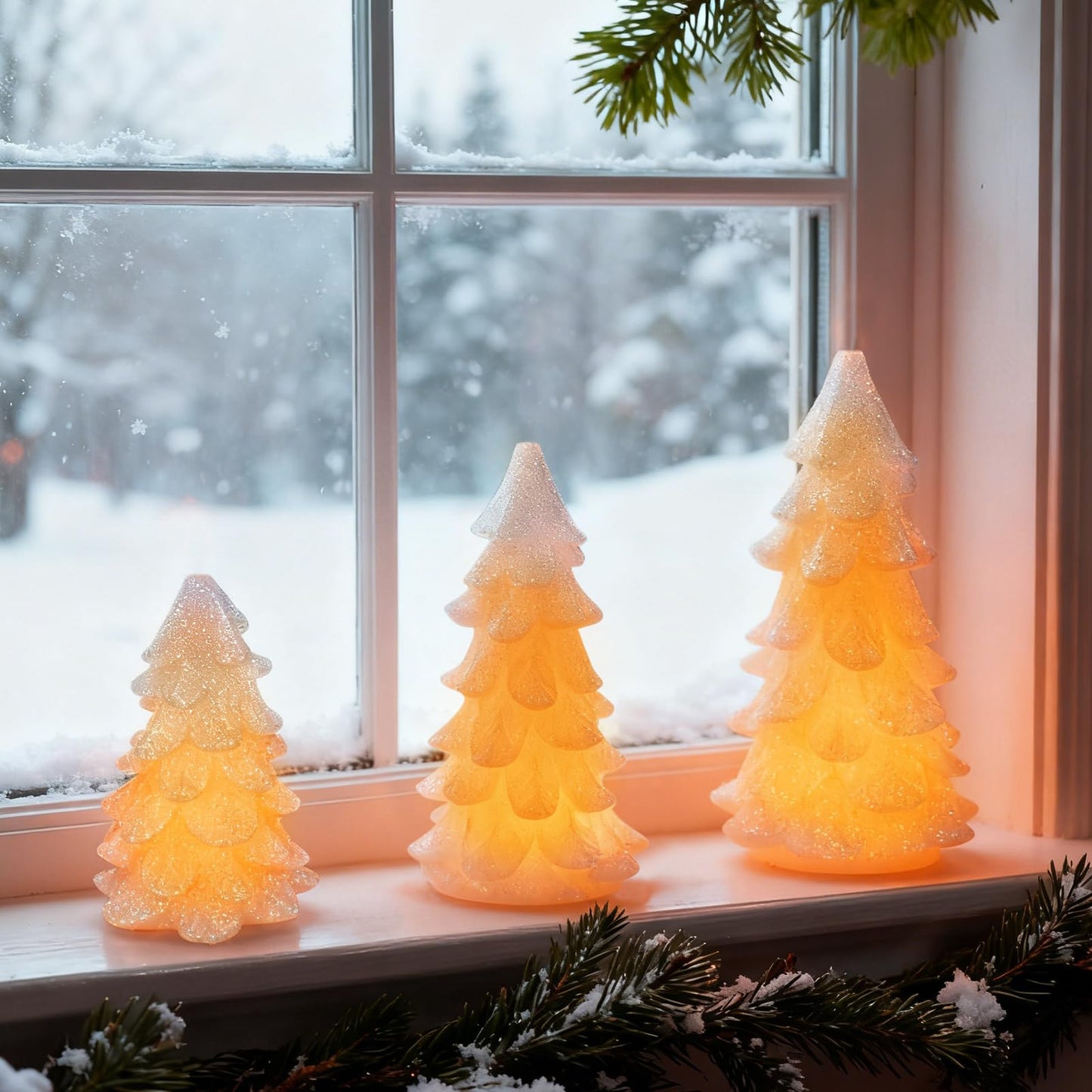 CHUANGLI 3 Pcs Glittering White Christmas Tree Shaped Candle Flickering Flameless LED Candles with Remote, Real Wax Battery Operated Candle for Christmas Home Party Decoration and Gift