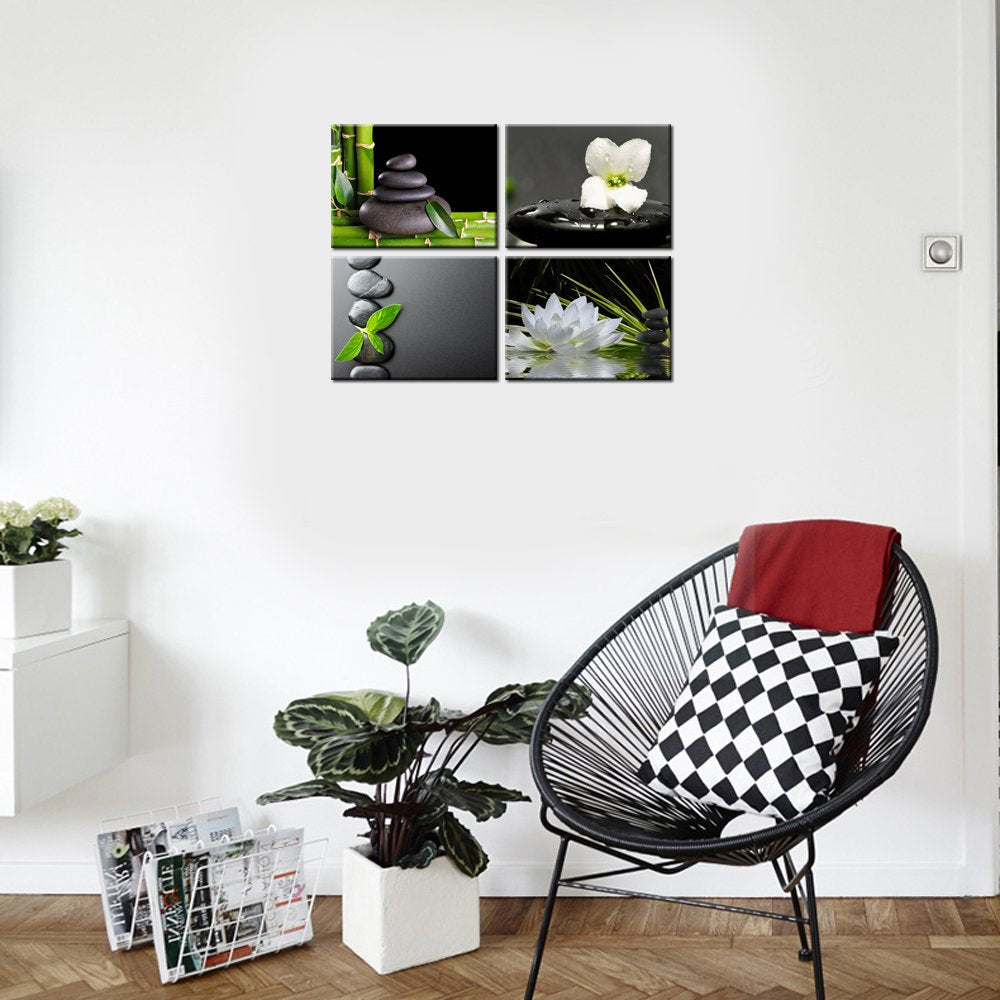 VVOVV Wall Decor Zen Wall Decor Zen Stone Elegant Lotus Flower Painting Green Bamboo Wall Pictures Bathroom Spa Room Decor Framed Gallery Wrap 12"x16"x4 Panels