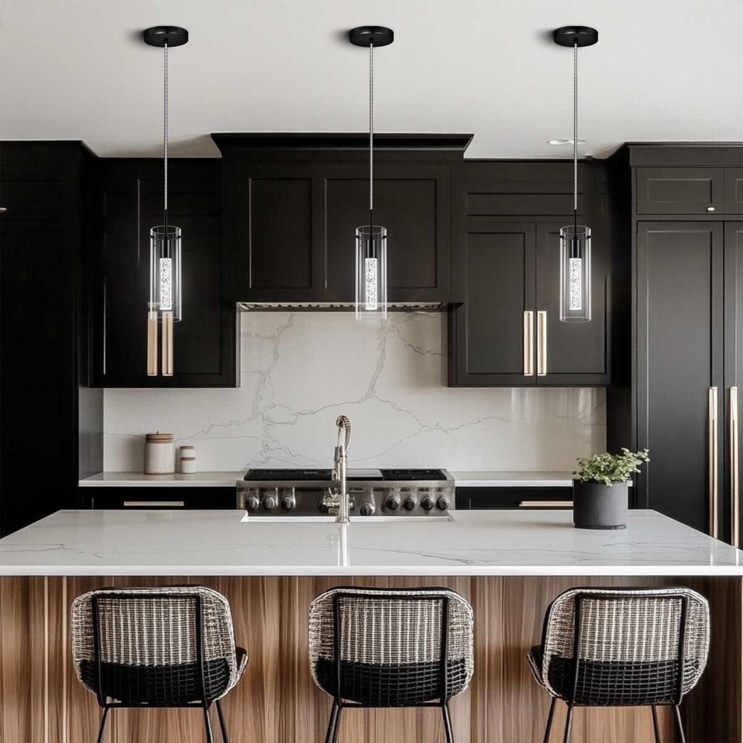 Esfos Pendant Ceiling Light Fixture, 6500K LED Kitchen Lighting Crystal Pendant Lights Kitchen Island Brushed Black, Glass Kitchen Hanging Light Fixture Modern Island Light with Crystal Bubble 3 Pack