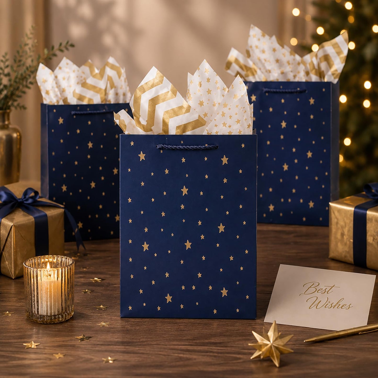 SHIPKEY Gift Bags, 10 Pack Navy Blue with Gold Foil Stars, Kraft Paper Bags with Handles, Bulk for Men, Groomsmen, Christmas Gifts, 8x4x11inch, Includes Tissue Paper