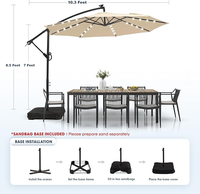 wikiwiki 10ft Solar LED Patio Umbrella with Base Included, Offset Umbrella with Weighted Sandbag Base, Cantilever Patio Umbrellas for Backyard, Garden & Deck, 32 LED Lights & Polyester Shade, Beige