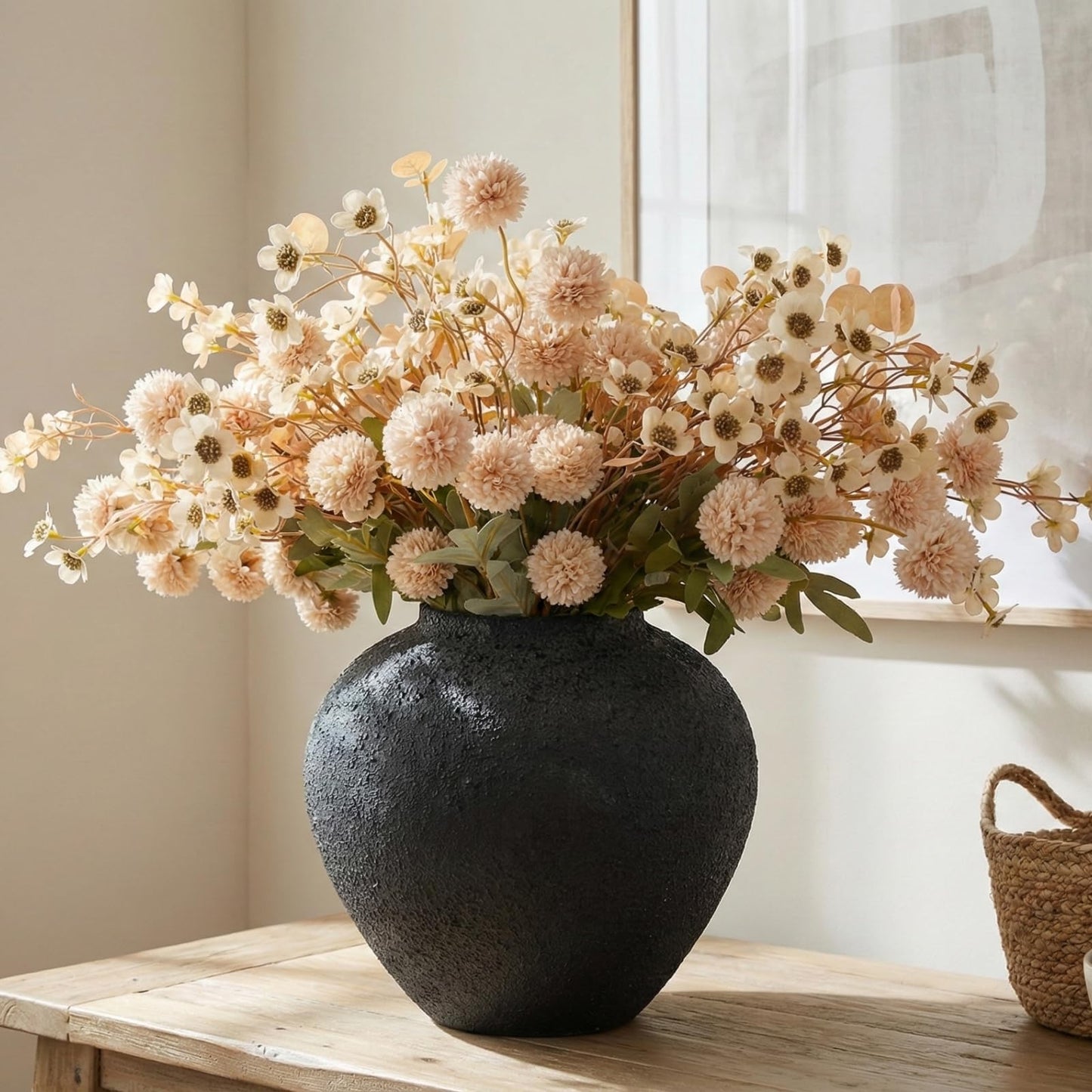 Beige Silk Flower Arrangements Home Decor, Large Floral Centerpieces For Tables, 22 Long Stems Fake Mums + Eucalyptus + Wild Flowers in Bulk, Artificial Flowers Coffee Dining Table, Faux Mums Flowers