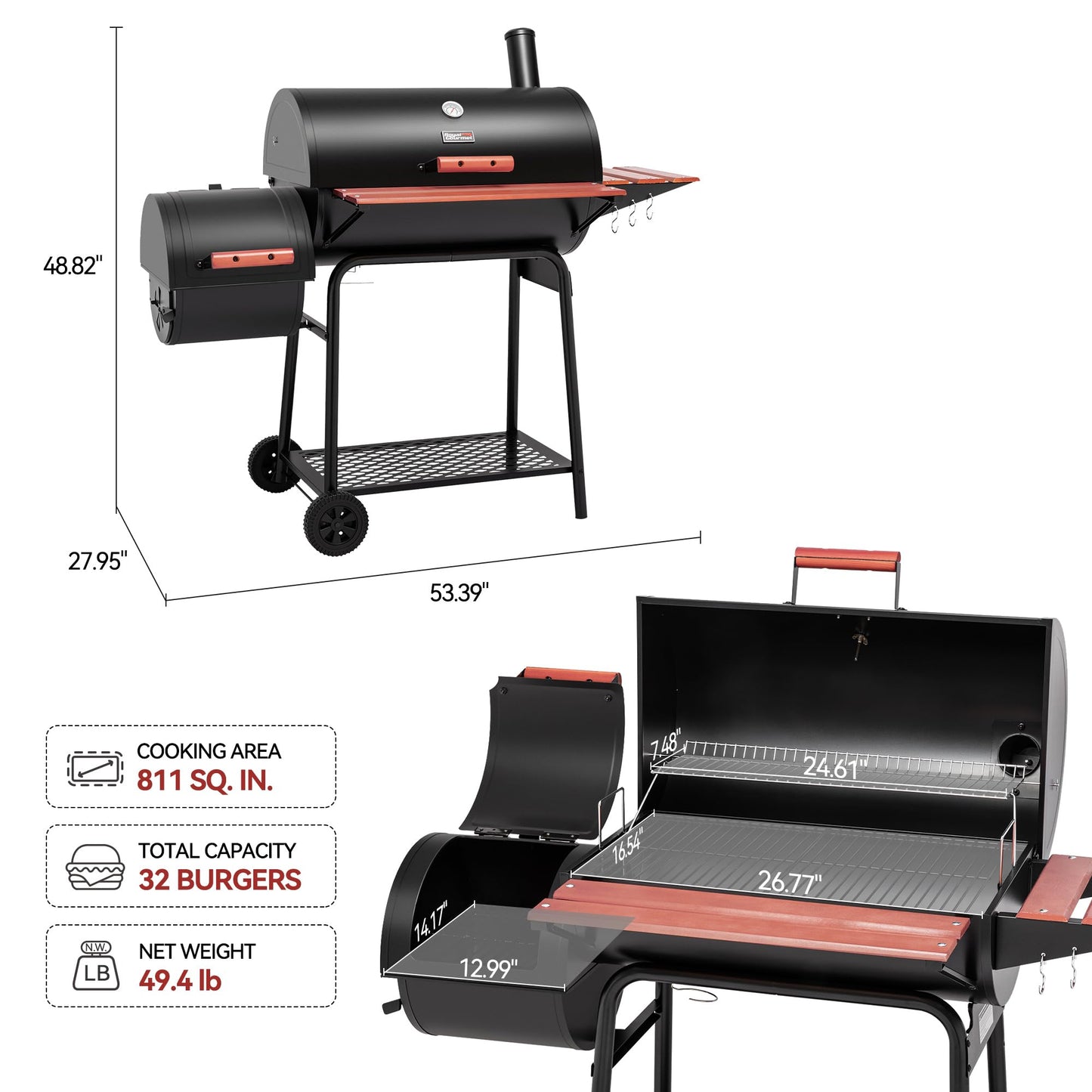 Royal Gourmet CC1830W 30-Inch Charcoal Grill with Offset Smoker and Wood-Painted Side Table, Outdoor Smoker Grill with 811 Sq. In. Cooking Area for Outdoor Barbecue Event, Black