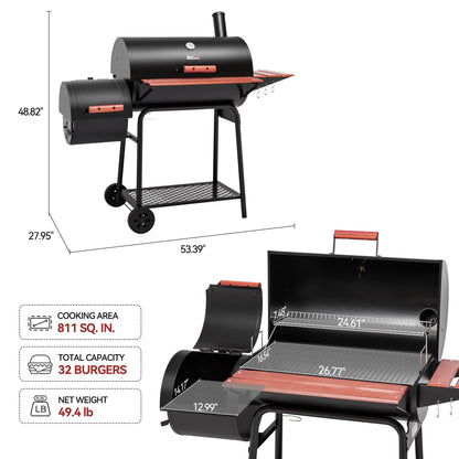 Royal Gourmet CC1830W 30-Inch Charcoal Grill with Offset Smoker and Wood-Painted Side Table, Outdoor Smoker Grill with 811 Sq. In. Cooking Area for Outdoor Barbecue Event, Black