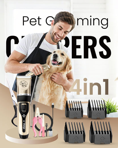 Dog Clippers, Rechargeable Low Noise Cordless Pet Clippers, with 4 Guide Combs and Cleaning Brush Nail Kits