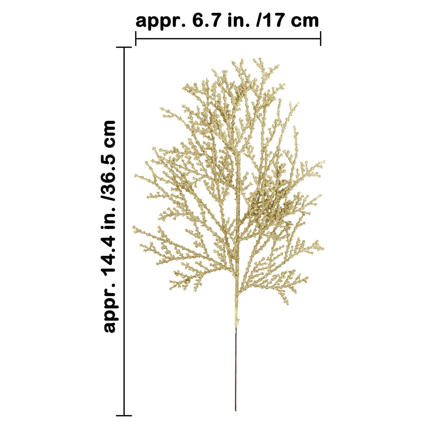 Winlyn 15 Pcs Christmas Artificial Cedar Sprays Champagne Glittered Faux Cedar Branches Stems Christmas Tree Ornament Picks 14.4" for Christmas Tree Wreath Wedding Bouquet Holiday Centerpiece