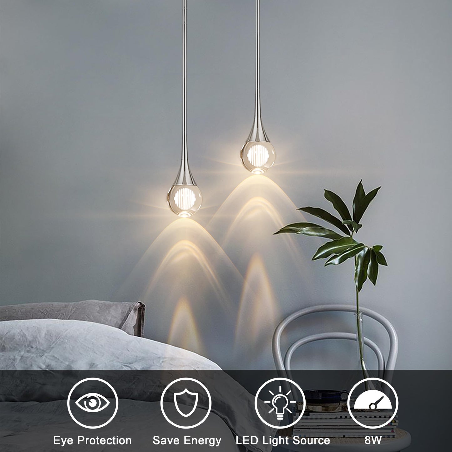 Untrammelife 1-Light Polished Nickel Crystal Teardrop Pendant Light, Mini Globe Hanging Pendant Light Fixtures, 8W 3 Color Temperature Dimmable LED Pendant Lights Kitchen Island, Bathroom, Bedroom