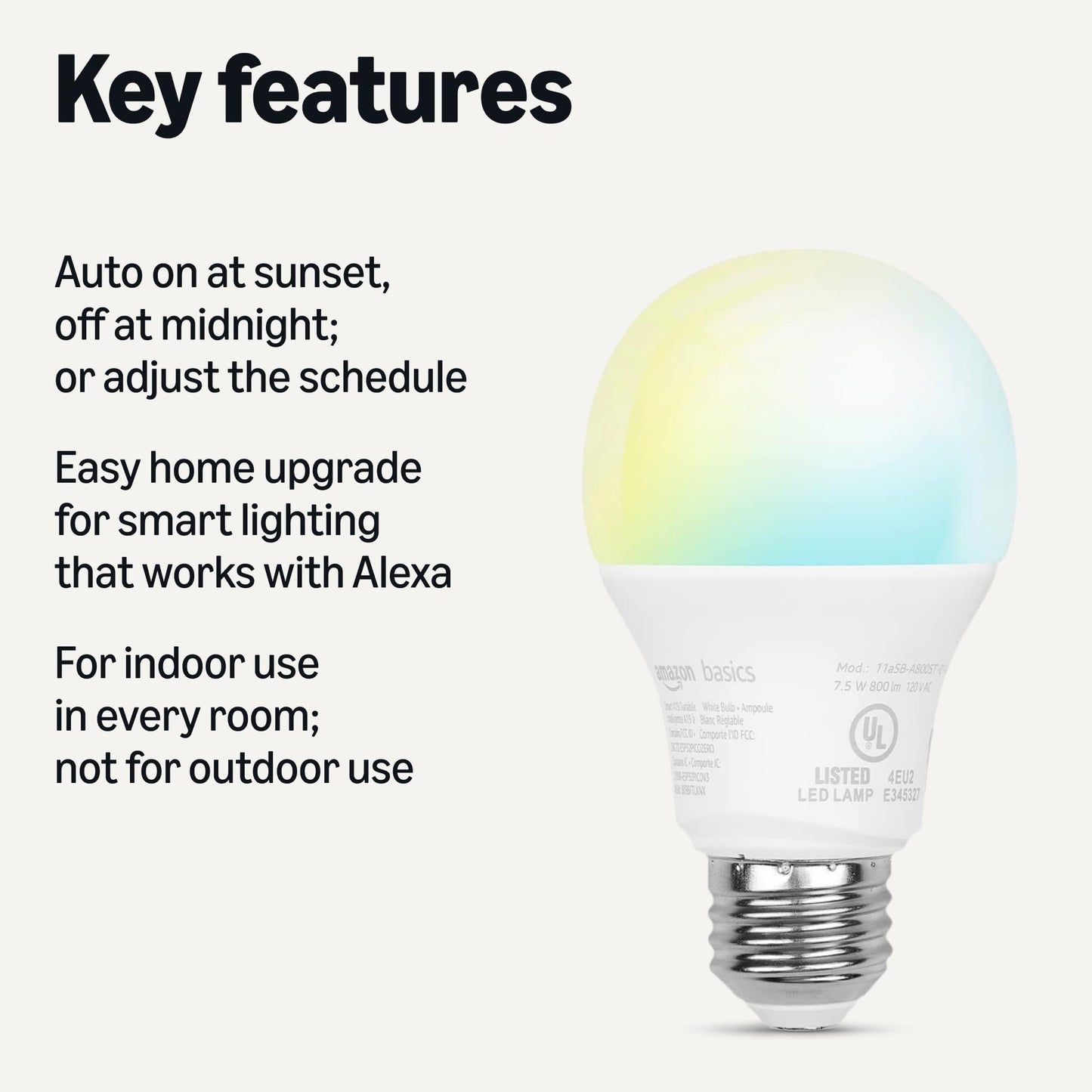 Amazon Basics Smart A19 LED Light Bulb, Color Changing, 9W (60W Equivalent), 800LM, Works with Alexa Only, 2.4 GHz Wi-Fi, No Hub Required, 1 Pack