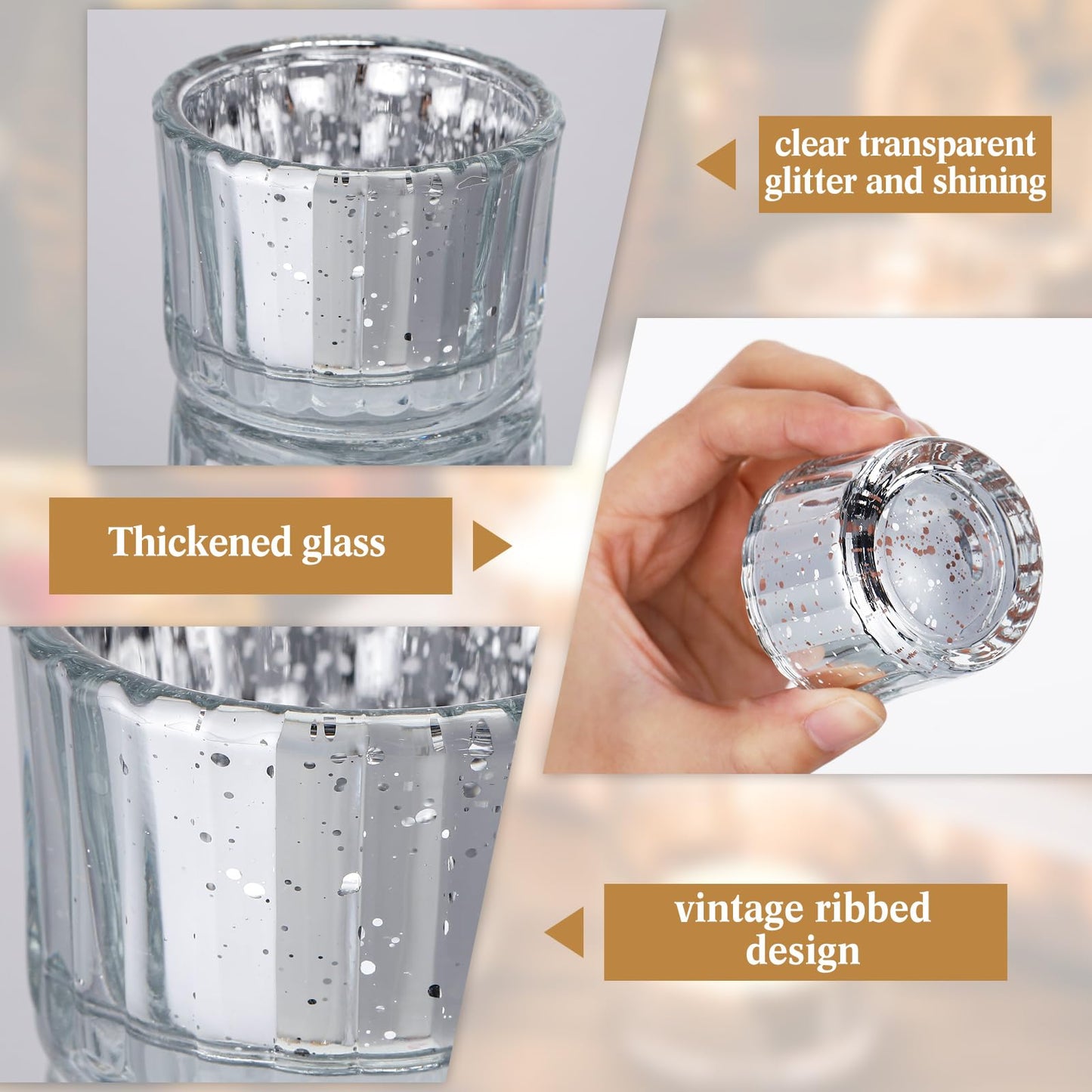 Mumufy 100 Pcs Glass Tealight Candle Holder Ribbed Votive Candle Holder for Centerpiece Wedding Proposal Spa Aromatherapy Meditation Home Decor (Silver)