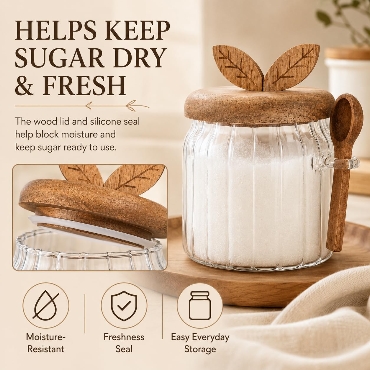 Sugar Bowl with Lid and Spoon, 17 oz Airtight Sugar Jar Container, Easy-to-Use Sugar Container with Lid and Spoon Sugar Bowls for Tea Coffee Brown Sugar Container, Cereal Tea Salts Spice Jar