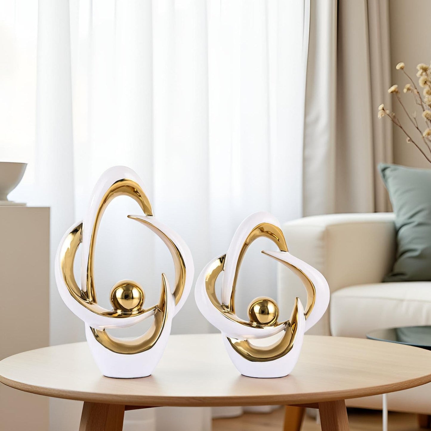 2PCS Home Decor Accent Ceramic Statue Abstract Sculptures Centerpieces Mid Century Modern Decor for Tables Coffee Table top Decorations for Living Room Desktop Shelf Dining Room Kitchen (White Gold)
