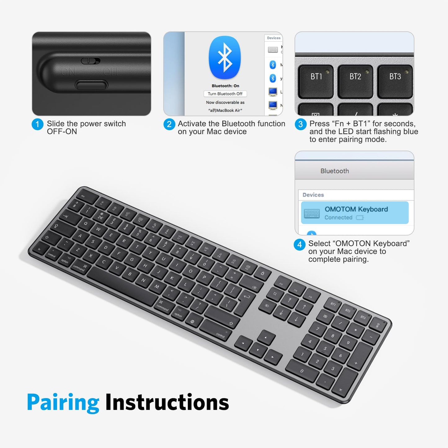 OMOTON Wireless Bluetooth Keyboard for Mac (MacBook/MacBook Air/MacBook Pro/iMac/iMac Pro/Mac Pro), Rechargeable Keyboard for Mac OS, with 3 Bluetooth channels, Quiet Typing, QWERTY