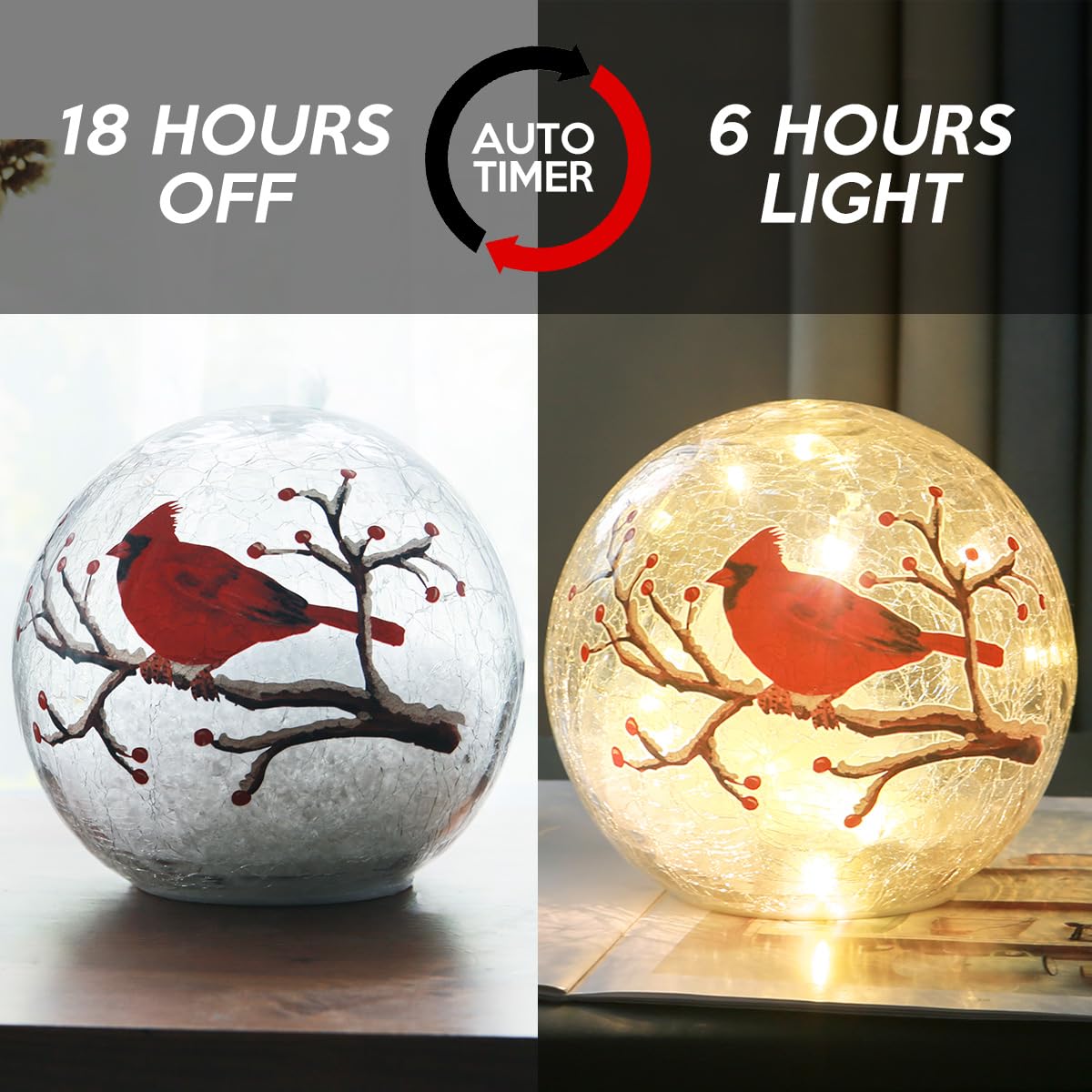 Kaowod Crackle Glass Ball Cardinal Lamp with Timer, Light Up Red Cardinal Stained Glass Christmas Decor Accent Lamp, Lighted Red Bird Globe Table Light, Orb Night Light, Led Sphere Desk Lamp