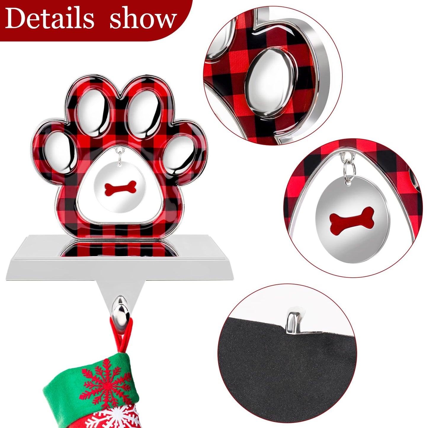 Hxezoc 2 Pack 3D Dog Paw Christmas Stocking Holder with Small Dog Paw Pendant Silver Metal Mantel Pet Paw Stocking Hangers for Christmas Fireplace Mantel Decorations Christmas Holiday Supplies